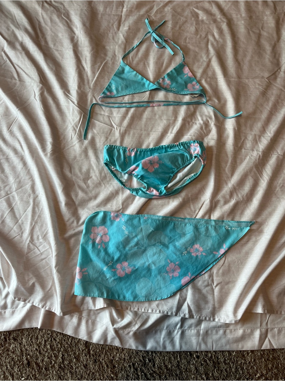 Vintage Kids Aqua Floral Bikini Set with Sarong